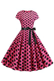 Pink Black Polka Dots Cap Ærmer 1950'erne Kjole