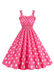 Pink Polka Dots A Line Smocked 1950'erne Kjole