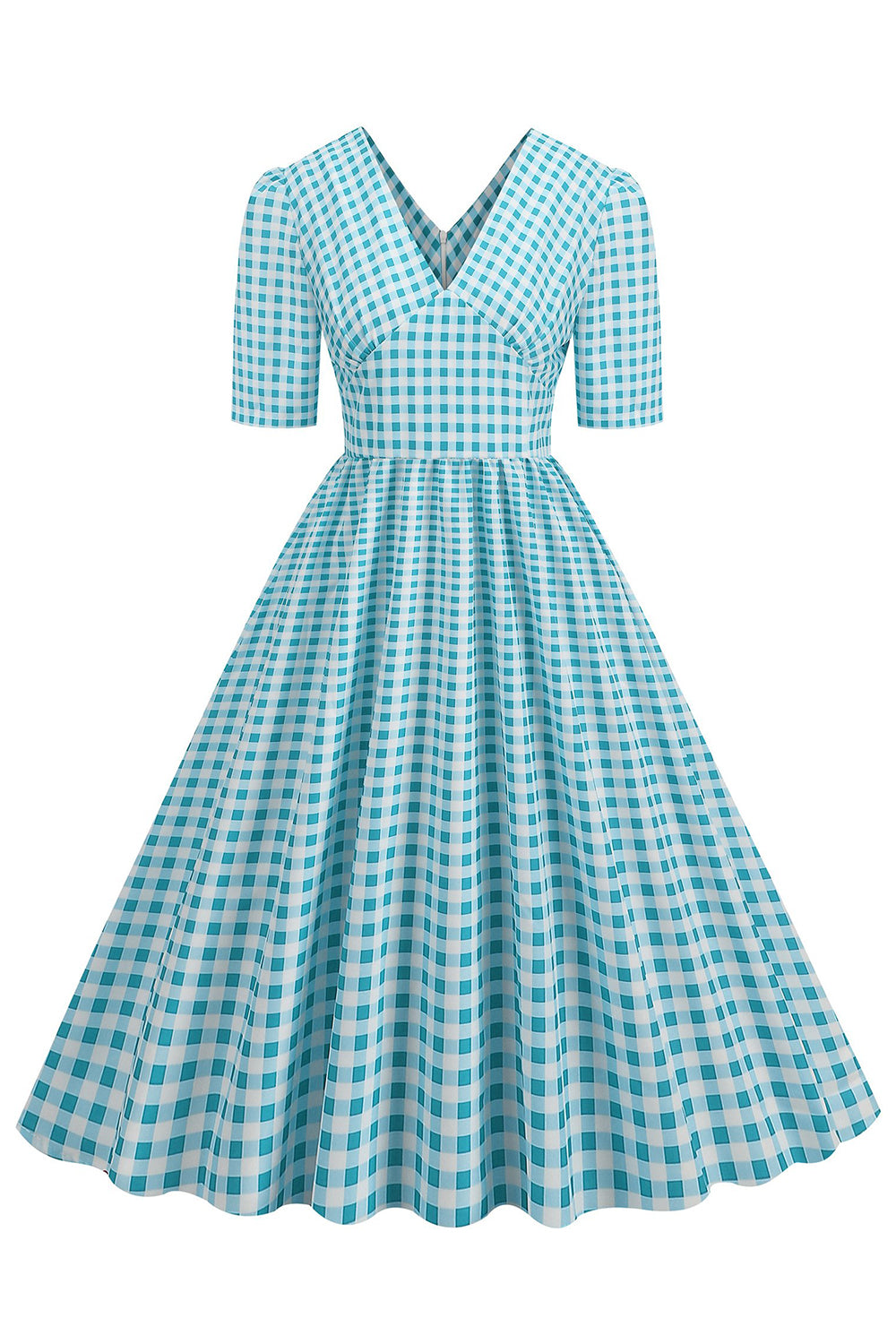 Sort plaid V-hals korte ærmer 1950'erne kjole