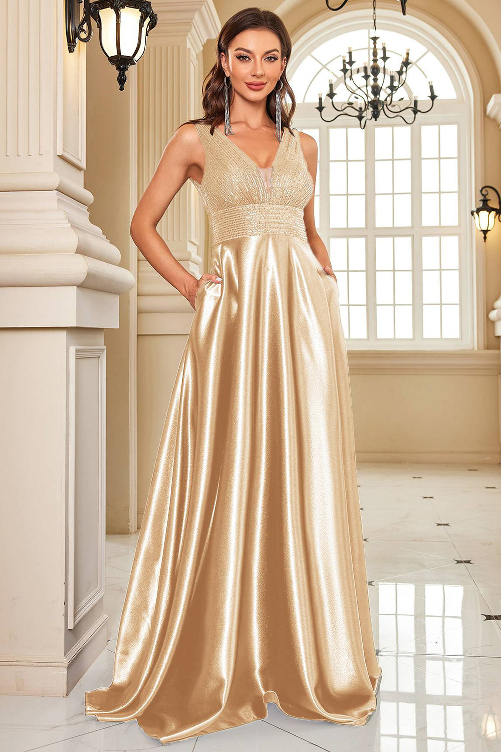 Navy Satin A-Line formel kjole med pailletter