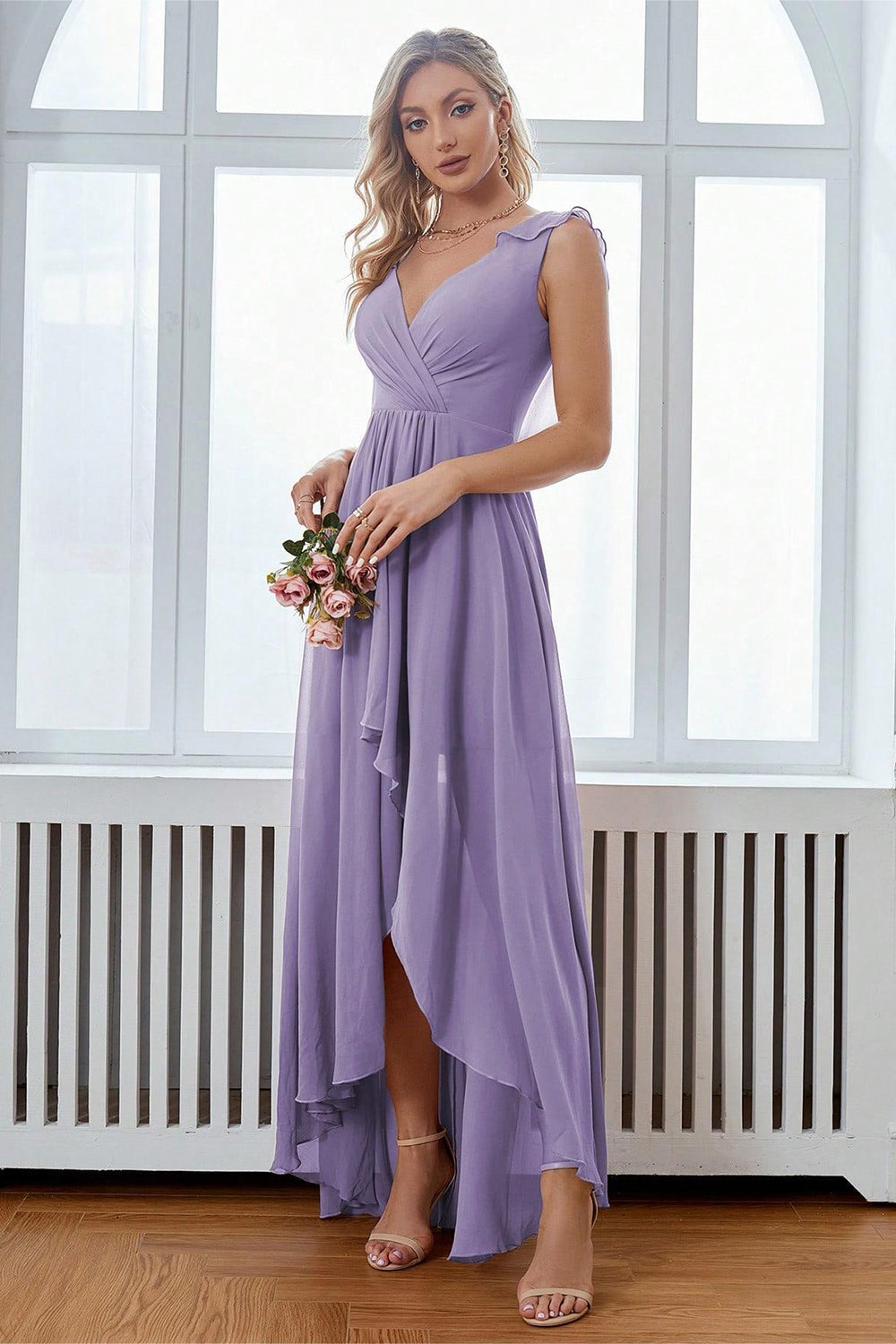 A-line bordeaux V-hals chiffon høj lav gallakjole