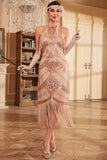 Champagne Glitter Halter frynser 1920'erne kjole med ærmeløs