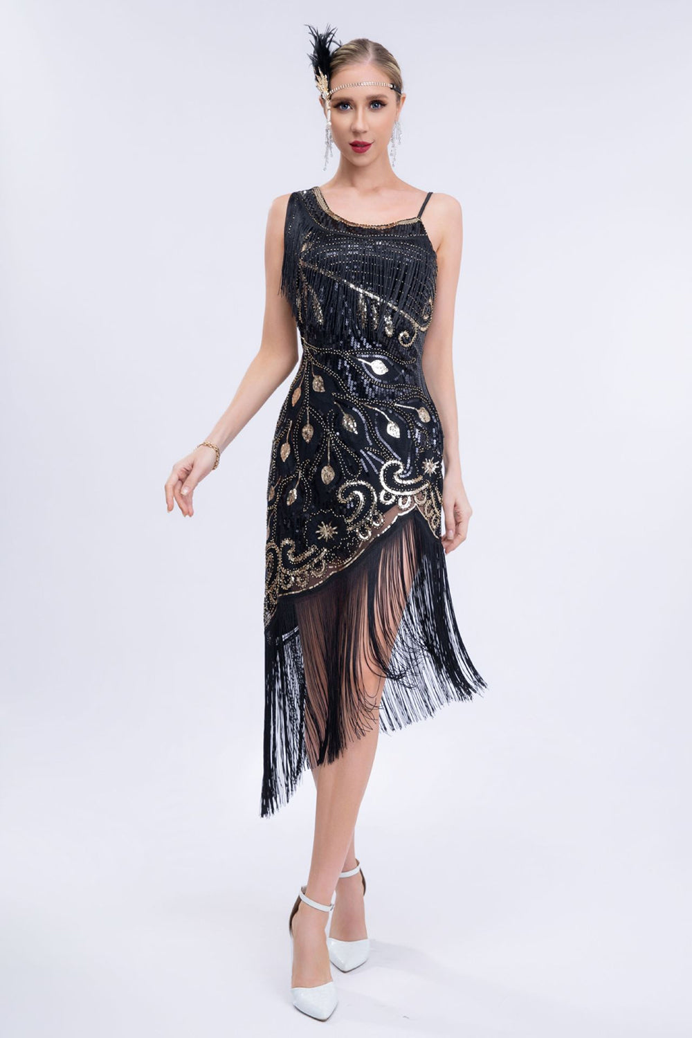 Asymmetrisk sort glitter 1920'er kjole med frynser