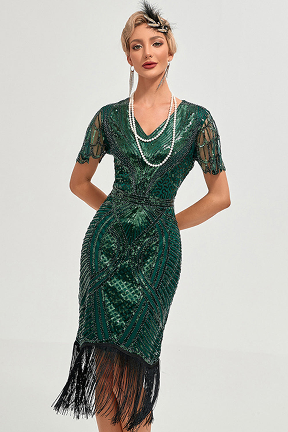 Glitrende mørkegrøn perle beaded frynsede cap ærmer 1920'erne Gatsby kjole