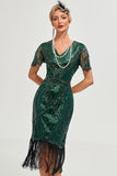 Glitrende mørkegrøn perle beaded frynsede cap ærmer 1920'erne Gatsby kjole