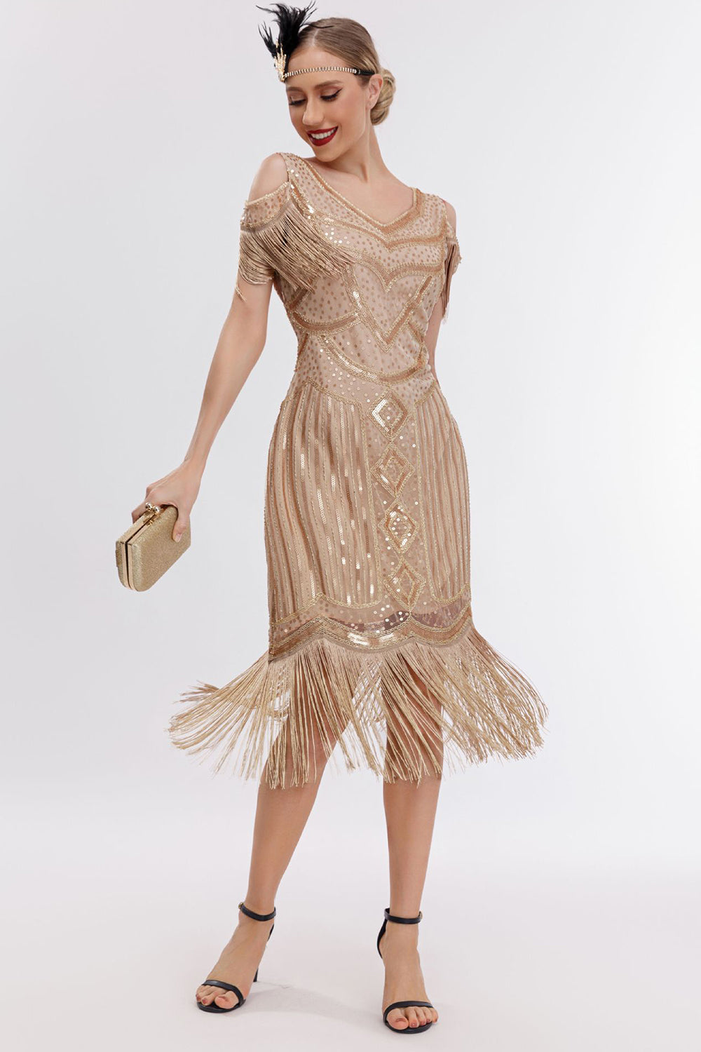 Sort gylden kold skulder frynser 1920'erne Gatsby kjole