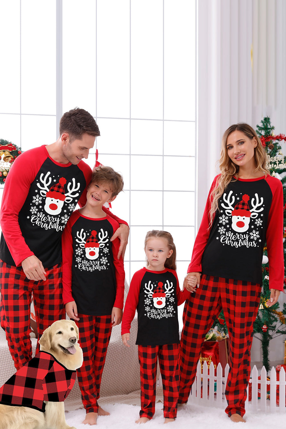 Rød Plaid Jul Familie Print pyjamas sæt med hund