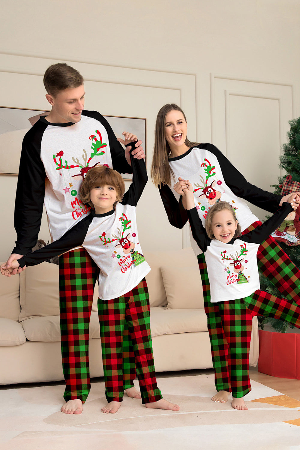 Jul Familie sort hvid hjorte printet plaid pyjamas sæt