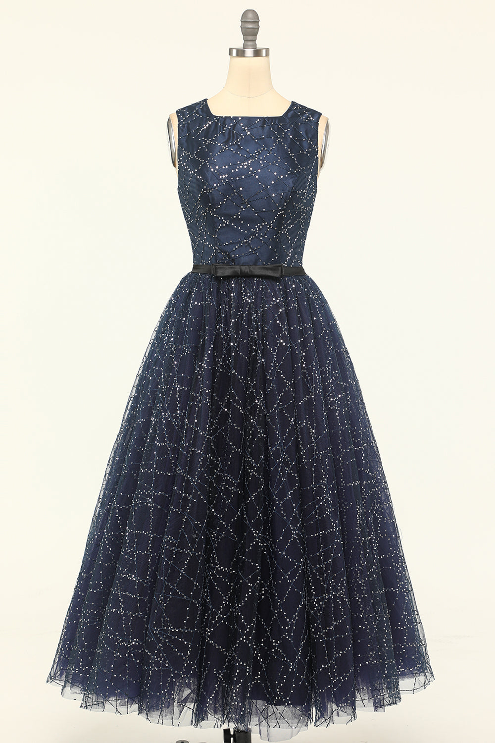 Glitter Navy Tulle Prom Kjole