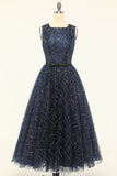 Glitter Navy Tulle Prom Kjole