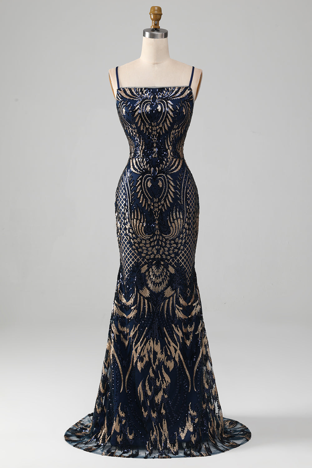 Sparkly Navy Spaghetti Stropper Havfrue Gallakjole