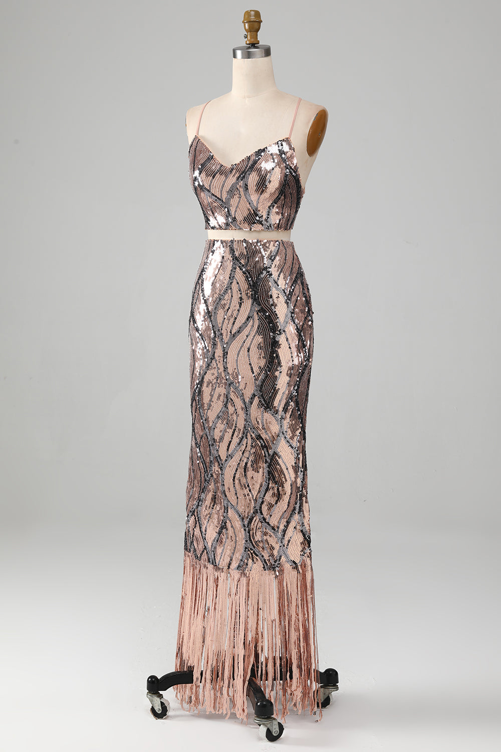 Glitrende todelt kappe gallakjole med frynser