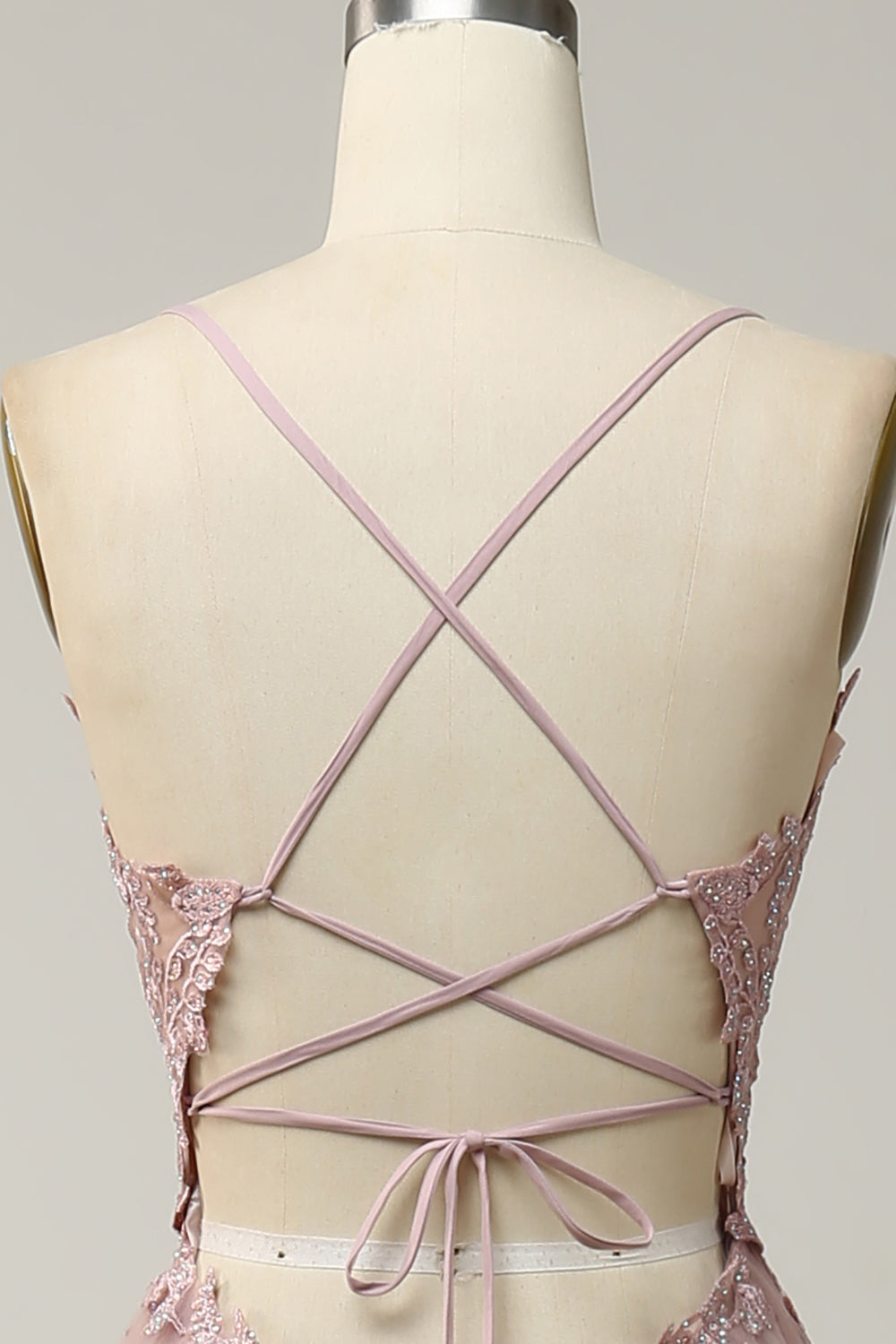 A Line Spaghetti Straps Blush Long Prom Dress med applikationer