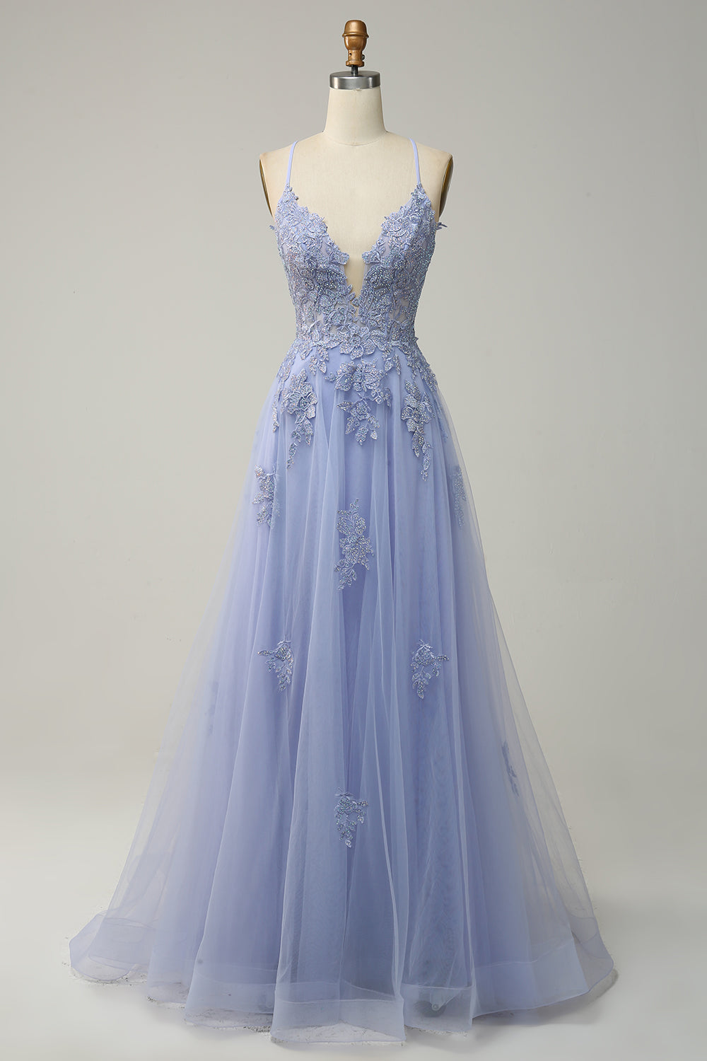Spaghetti stropper A Line Grey Blue Long Prom Dress med Criss Cross Back