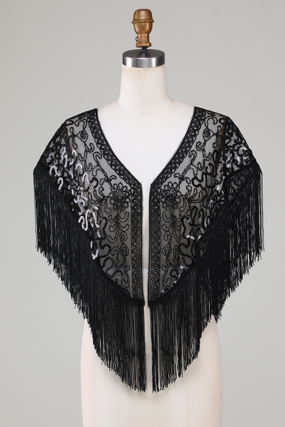 Sorte pailletter Glitter 1920'erne Cape med frynser