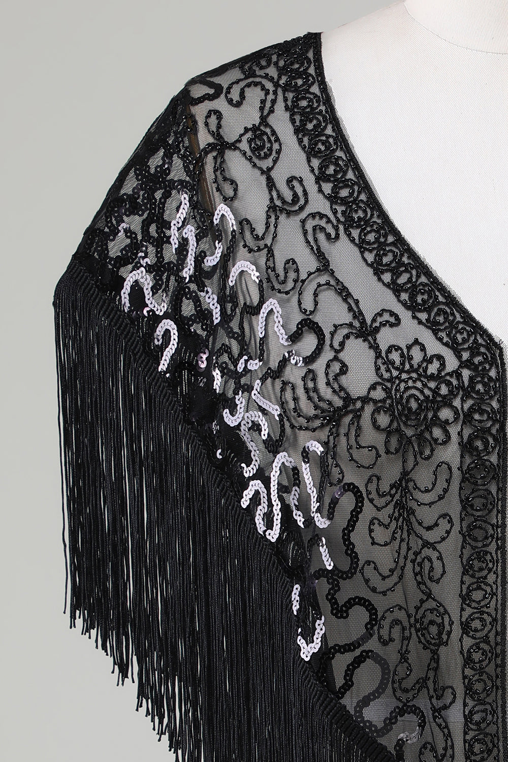 Sorte pailletter Glitter 1920'erne Cape med frynser
