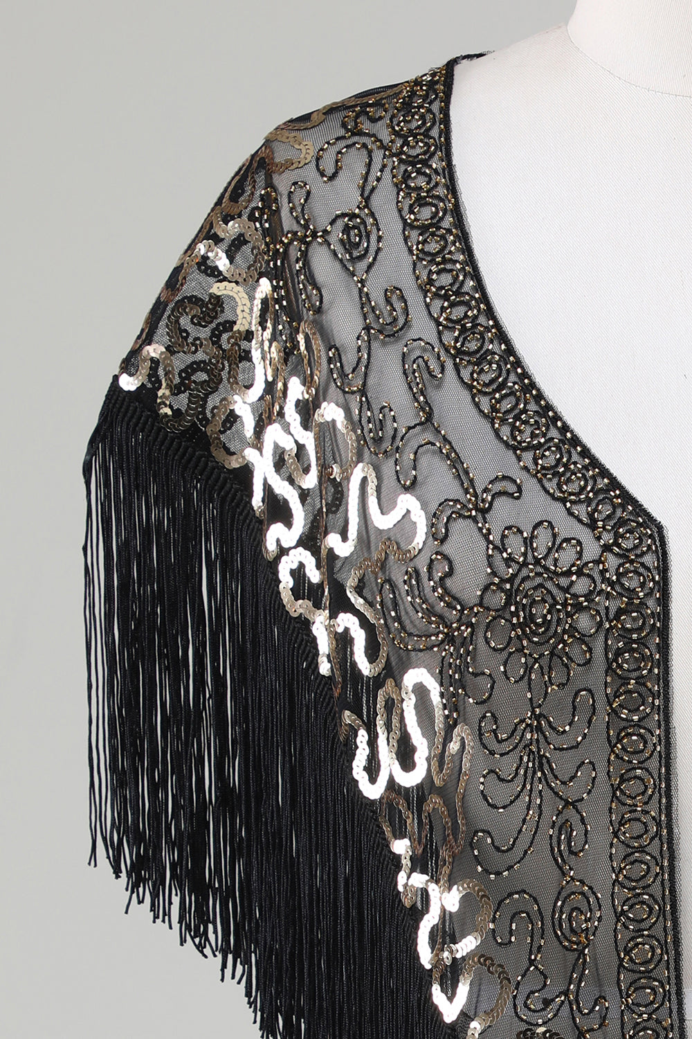 Sorte pailletter Glitter 1920'erne Cape med frynser