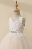 Champagne beaded Tulle Blomst Pige Kjole