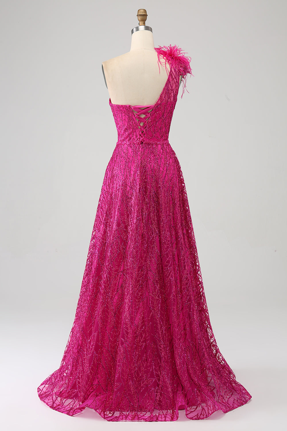 Fuchsia A-Line en skulder Feather Paillet, Lang gallakjole med slids