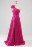 Fuchsia A-Line en skulder Feather Paillet, Lang gallakjole med slids