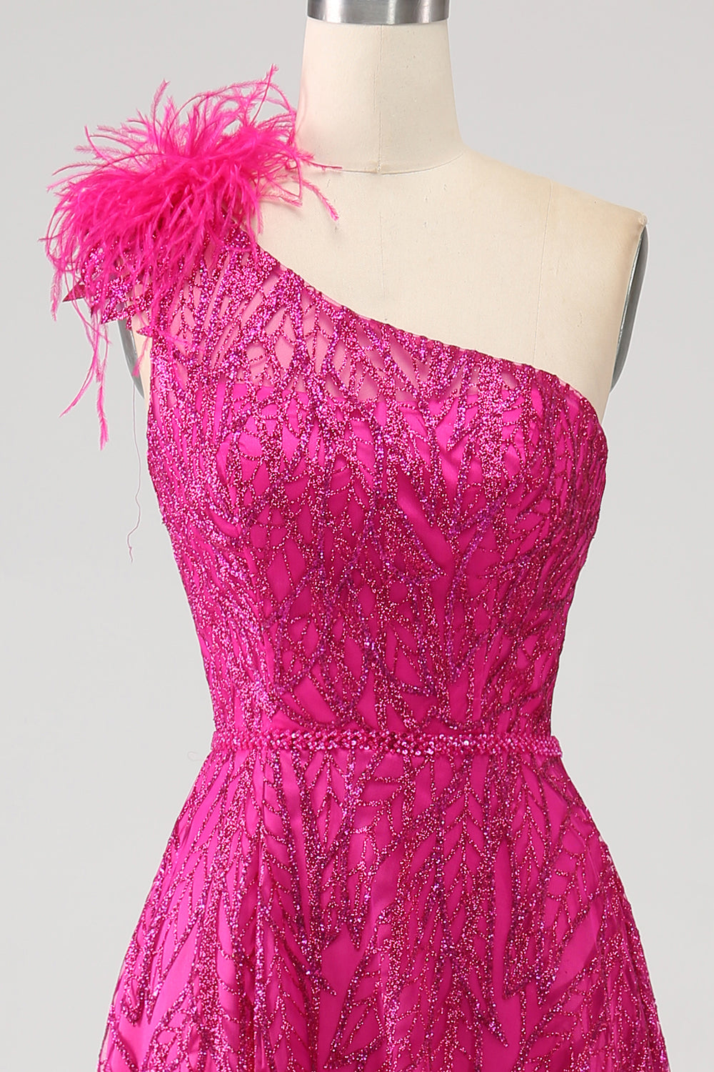 Fuchsia A-Line en skulder Feather Paillet, Lang gallakjole med slids