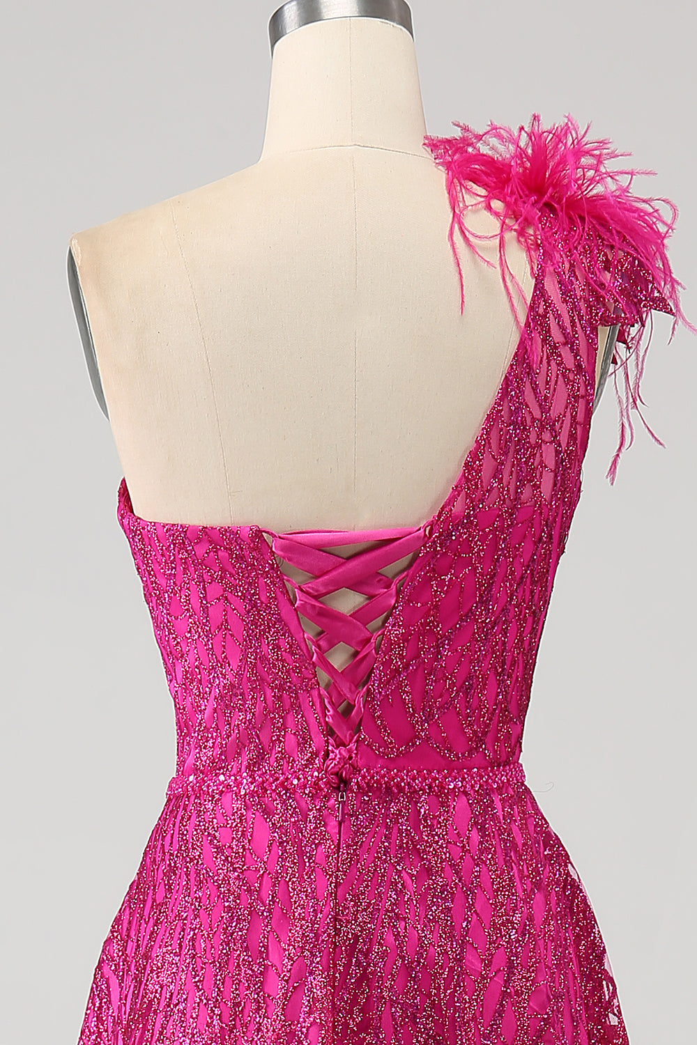 Fuchsia A-Line en skulder Feather Paillet, Lang gallakjole med slids