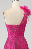 Fuchsia A-Line en skulder Feather Paillet, Lang gallakjole med slids