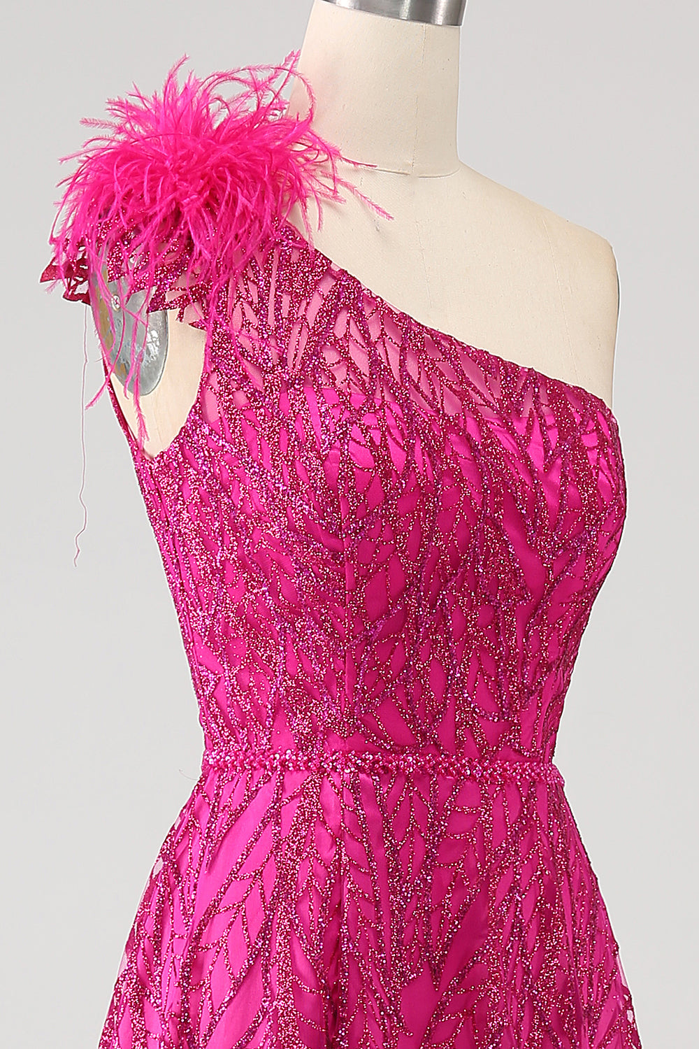 Fuchsia A-Line en skulder Feather Paillet, Lang gallakjole med slids