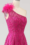 Fuchsia A-Line en skulder Feather Paillet, Lang gallakjole med slids