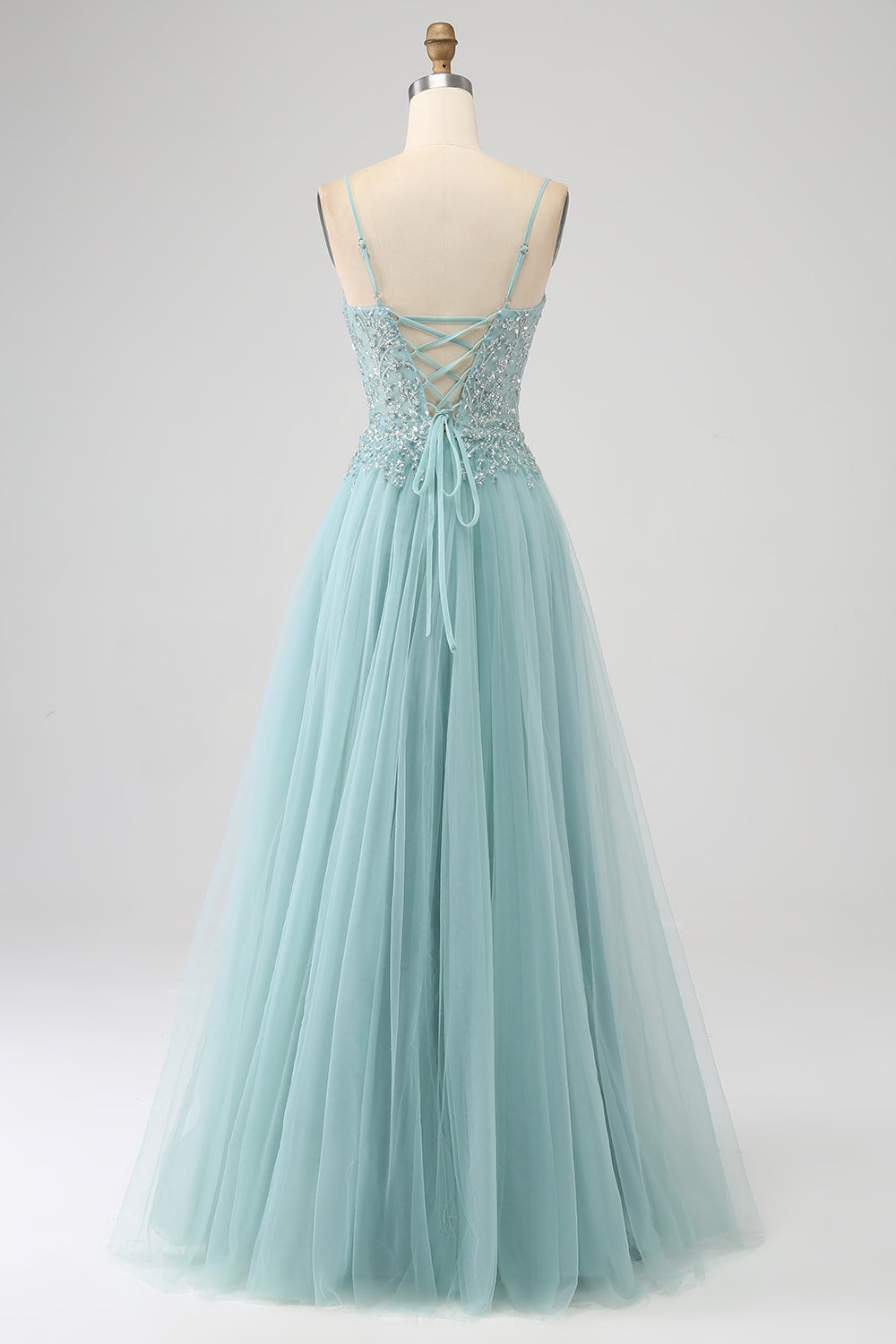 Glitrende lysegrøn A-line pailletapplikation korset gallakjole med slids