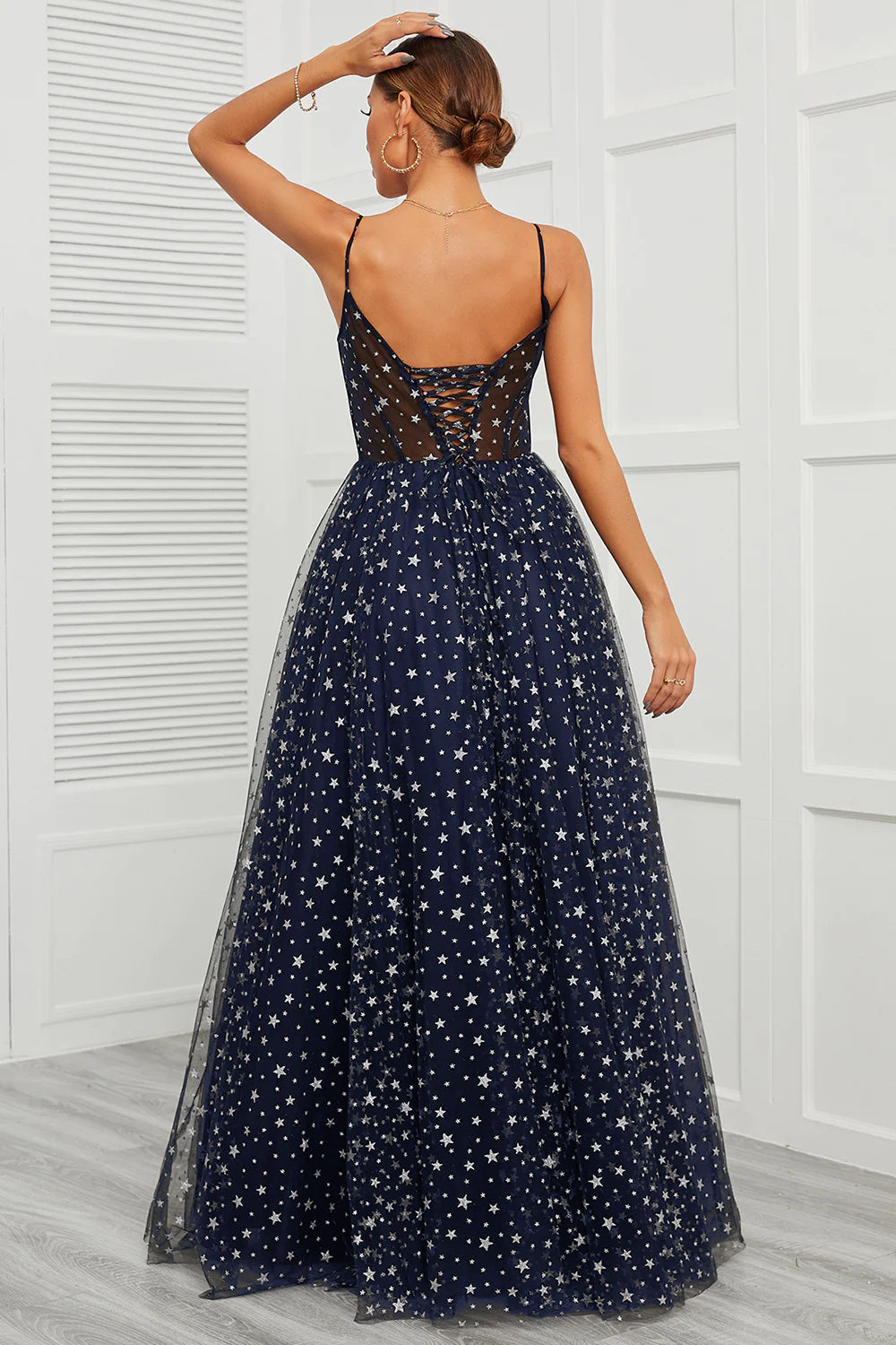 Spaghetti stropper Navy Long Prom Kjole med Star