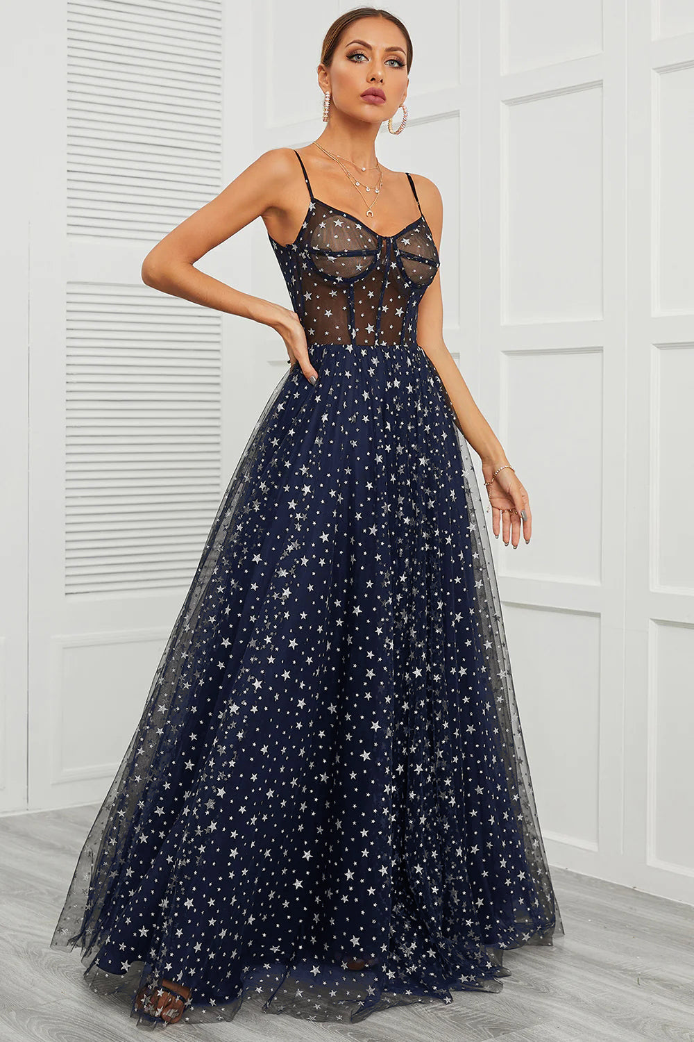 Spaghetti stropper Navy Long Prom Kjole med Star