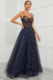 Spaghetti stropper Navy Long Prom Kjole med Star