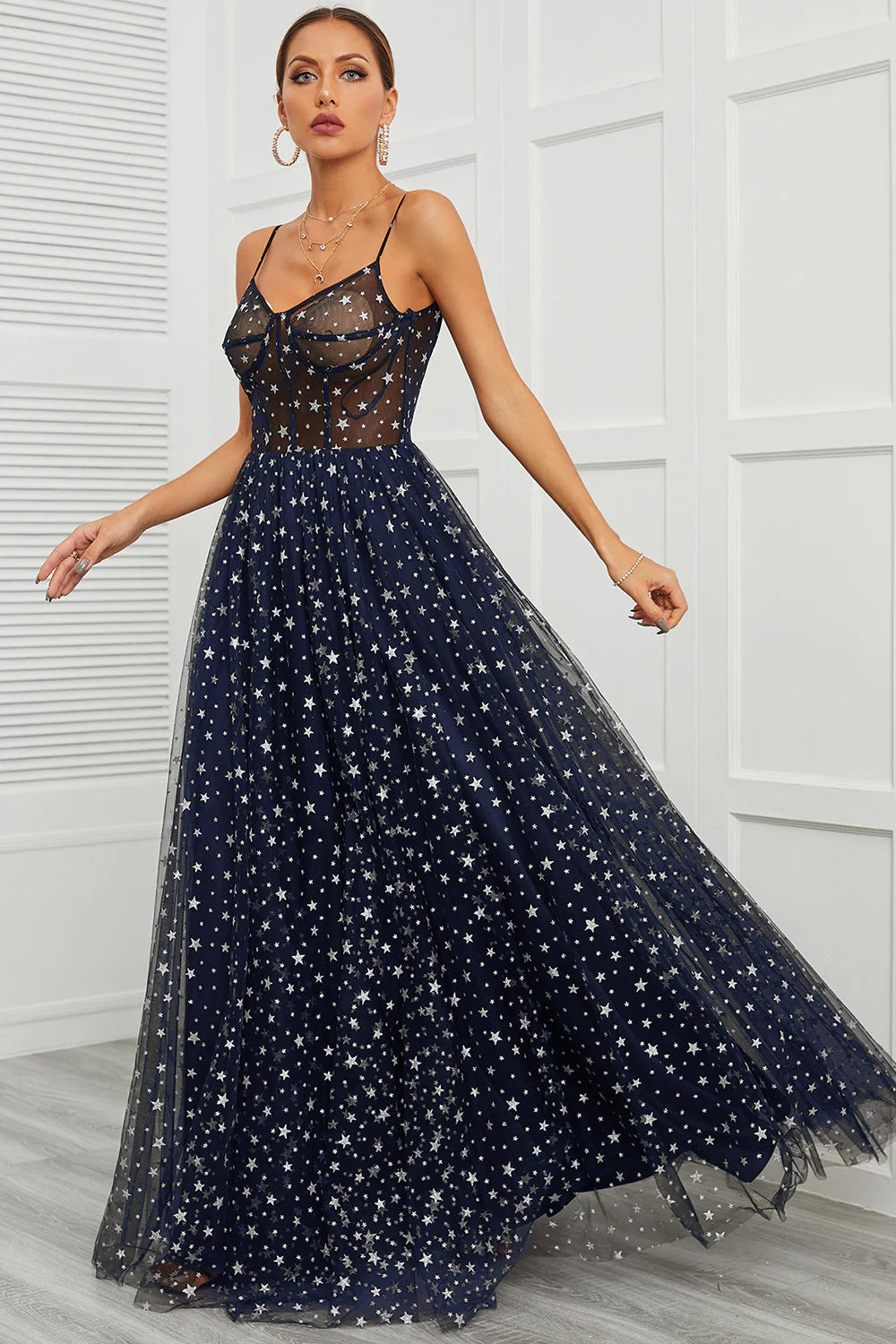 Spaghetti stropper Navy Long Prom Kjole med Star