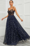 Spaghetti stropper Navy Long Prom Kjole med Star