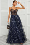 Spaghetti stropper Navy Long Prom Kjole med Star