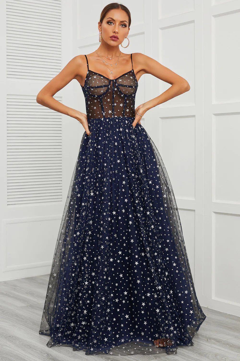 Spaghetti stropper Navy Long Prom Kjole med Star