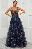 Spaghetti stropper Navy Long Prom Kjole med Star