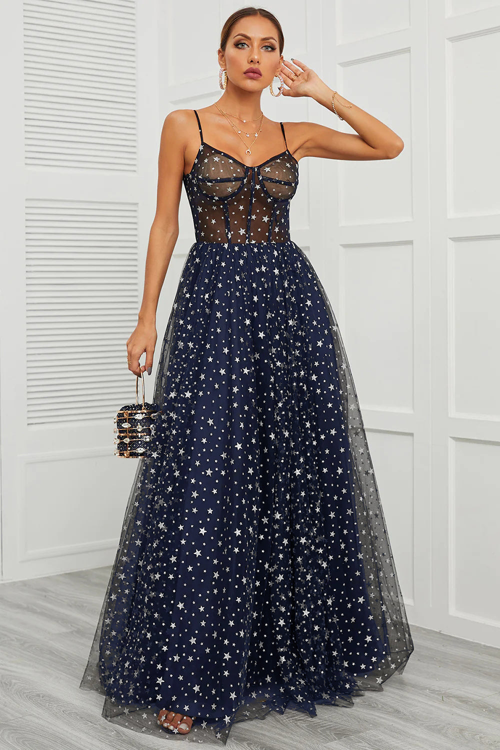 Spaghetti stropper Navy Long Prom Kjole med Star