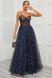 Spaghetti stropper Navy Long Prom Kjole med Star