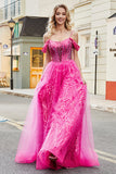 A-Line Kold Skulder Glitrende Hot Pink Korset Gallakjole med perler