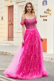 A-Line Kold Skulder Glitrende Hot Pink Korset Gallakjole med perler