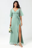 Chiffon V-hals Mint Brudepigekjole med slids