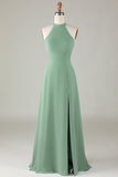 A-Line Halter Open Back Matcha Brudepigekjole med delt front
