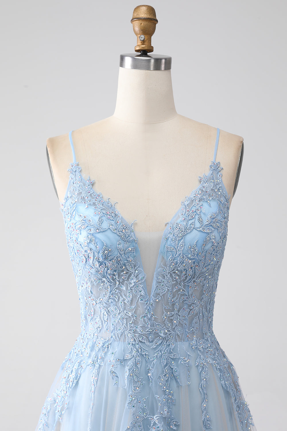 A-Line Spaghetti Stropper Grå Blå Prom Kjole med Beading