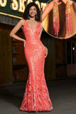 Charmerende Coral Mermaid Deep V Neck Sparkly Sequin Prom Dress med tilbehør
