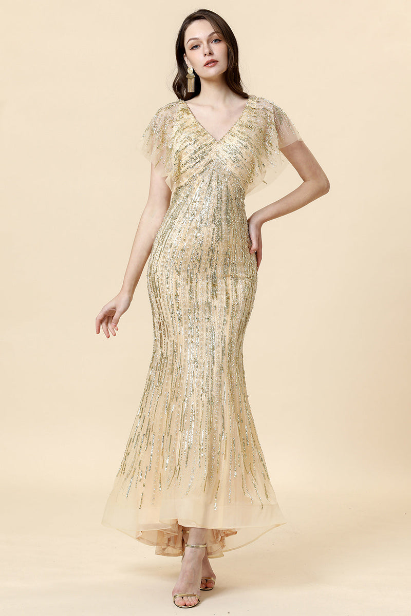 Kvinder Golden Beaded Formal Dress Havfrue V Hals Aften Kjole – ZAPAKA