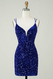 Skede Royal Blue Pailletter Kort Homecoming Kjole med Criss Cross Back