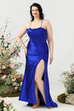 Skede Spaghetti Stropper Royal Blue Plus Size Prom Kjole med Split Front