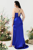 Skede Spaghetti Stropper Royal Blue Plus Size Prom Kjole med Split Front